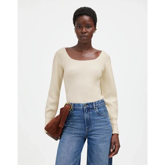 Madewell SoftWool Square-Neck Pullover Ribbed Sweater Heather Cloud Size XXS NWT - Picture 2 of 10